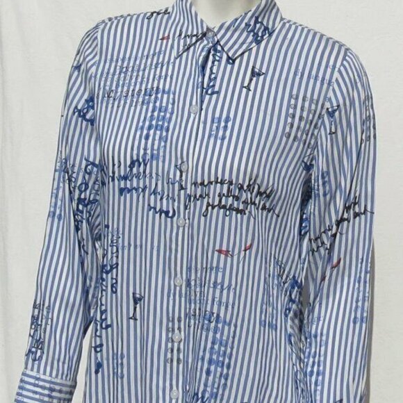 CHICO’S White Blue Striped Conversational Rayon Hi Lo Shirt Tunic Top - Picture 2 of 9